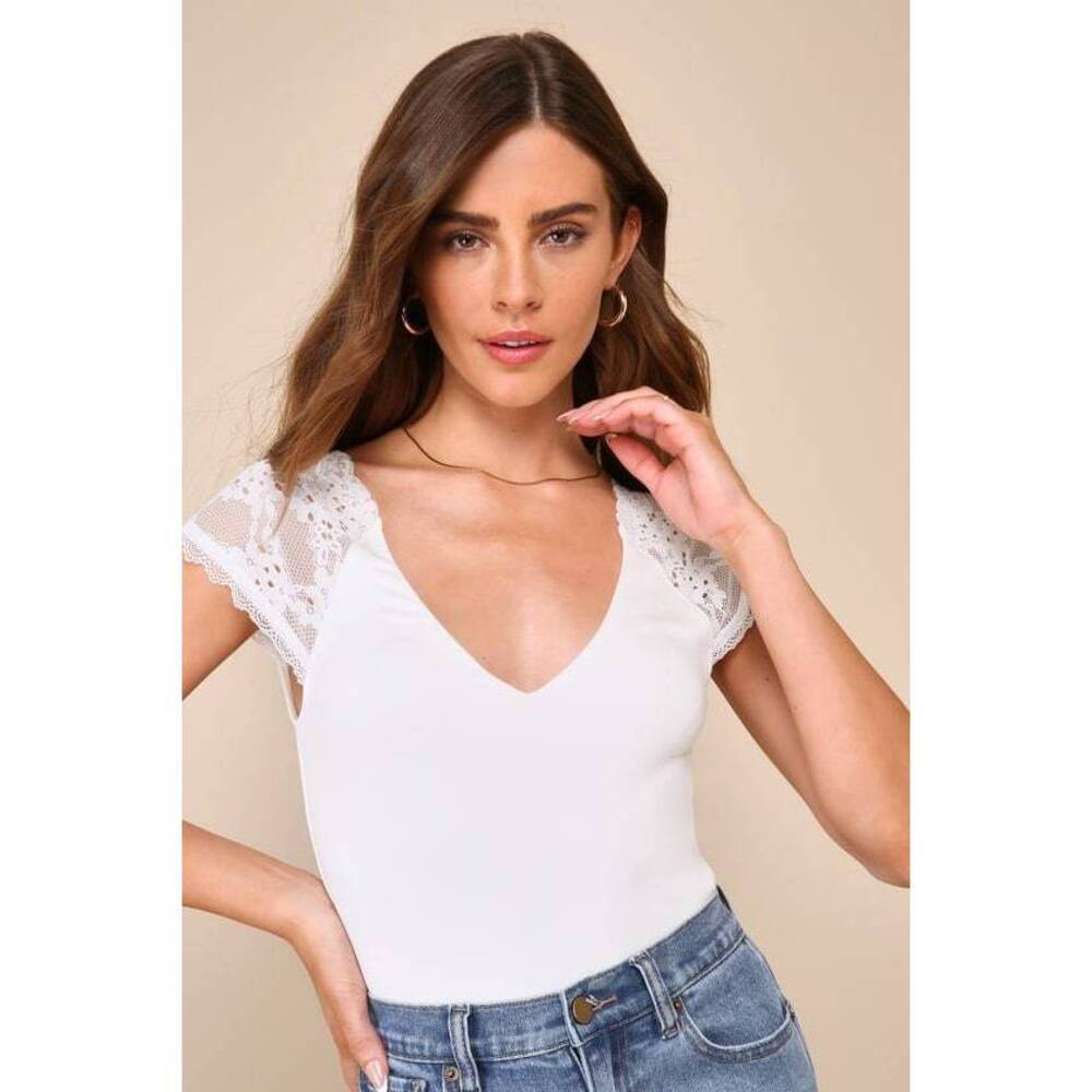 Lulus Gorgeous Inclination Ivory Lace Cap Sleeve V-neck Bodysuit White - Size S